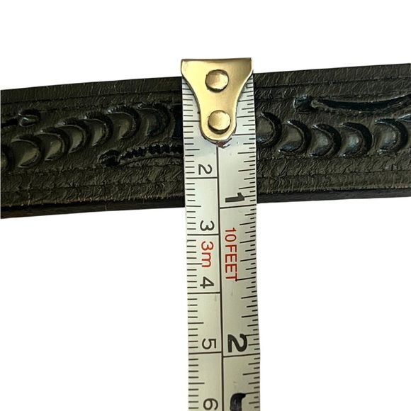 Genuine Leather Black Tooled Western Style Thin Belt Unisex Vintage 90s - Picture 5 of 6